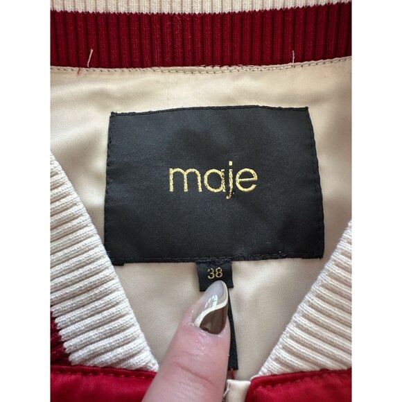 Maje Red Satin Floral Applique Bomber Jacket Size 38 - Picture 4 of 14